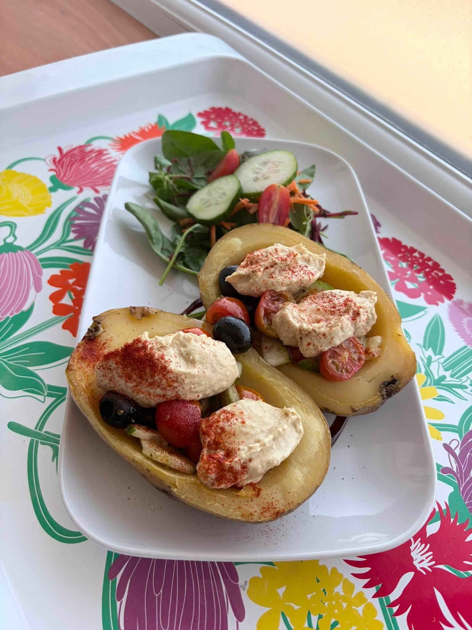 Greek style potato skins with hummus